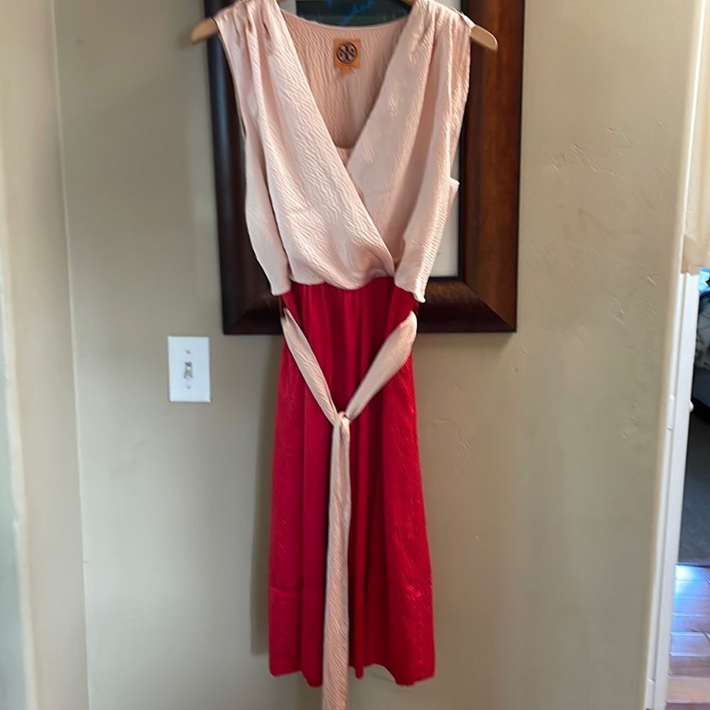 Tory Burch Blush Pink and Red Two-Tone Wrap Dress